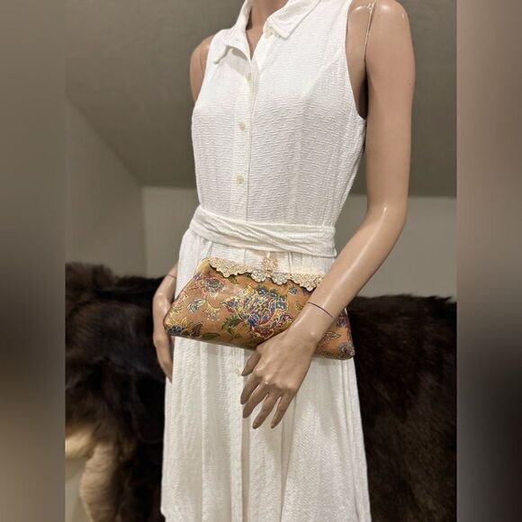 Genuine Leather Retro Floral Print Handmade Push Lock Clutch Bag/Evening Bag - Picture 5 of 15